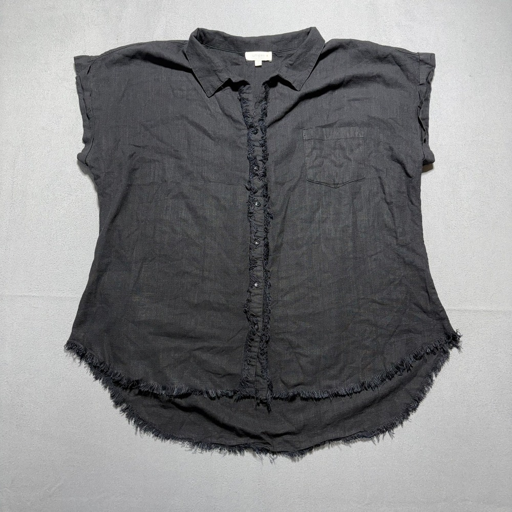 Umgee Plus Black Linen Blend Frayed Hem Button Down Shirt Top 1XL WA6208